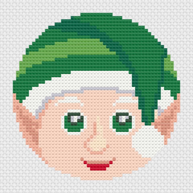 Christmas elf face cross stitch on white Aida cloth
