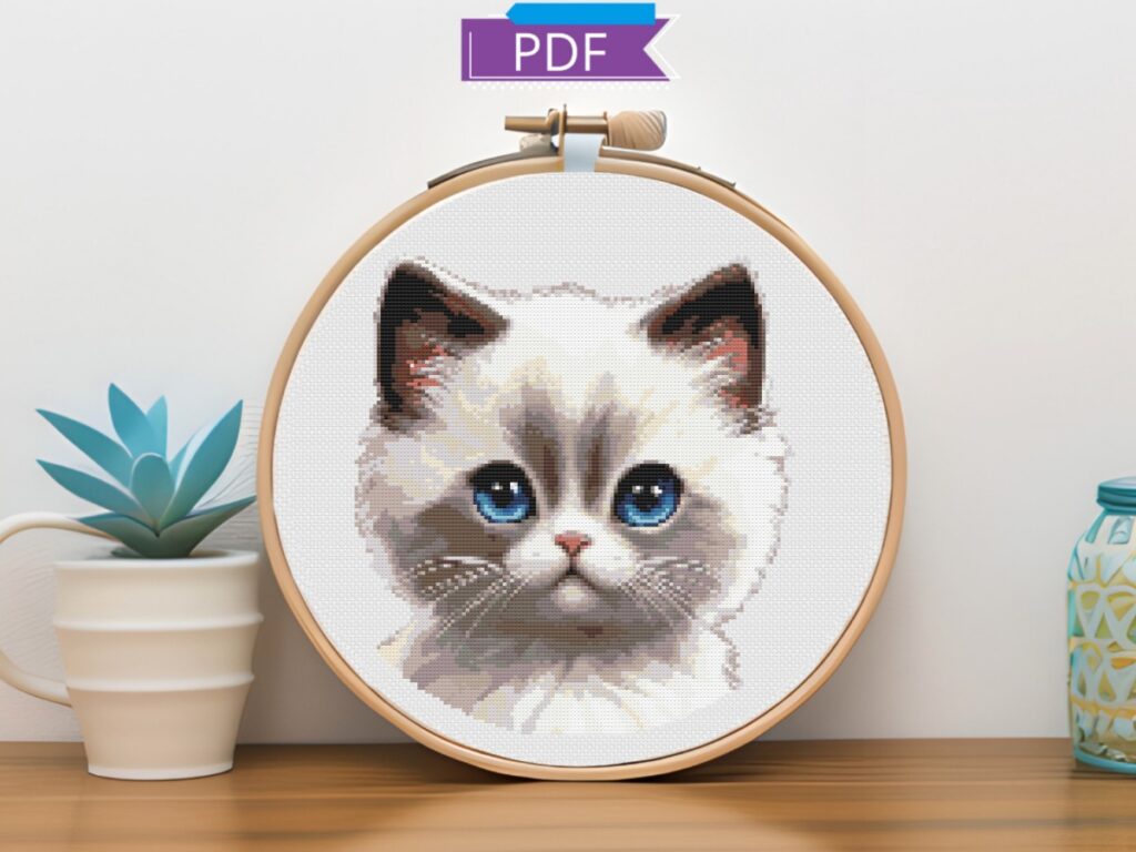 Ragdoll kitten cross stitch in hoop
