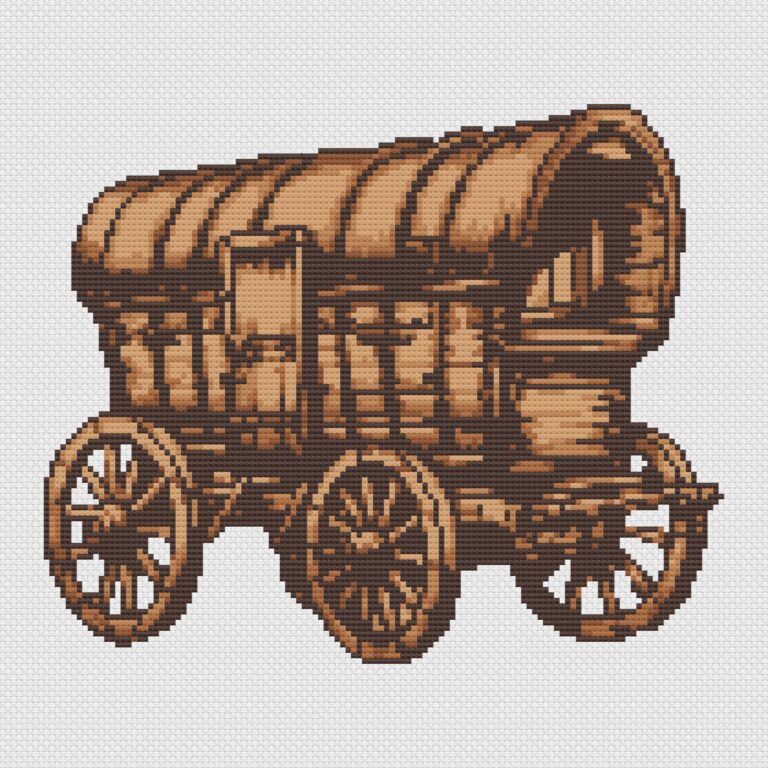 Wild West covered wagon cross stitch on white aida cloth