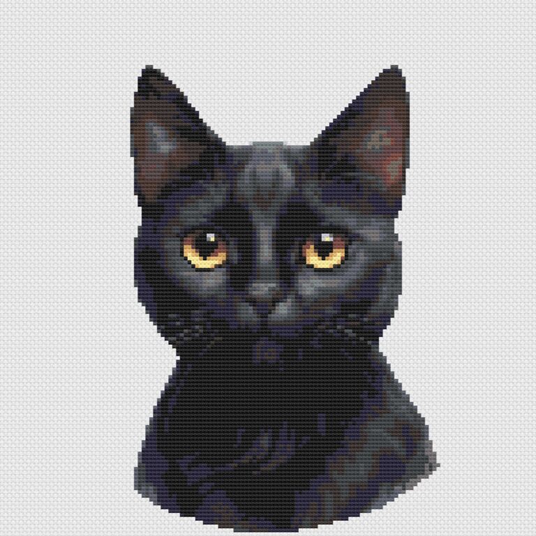 Black cat portrait cross stitch pattern on white Aida cloth